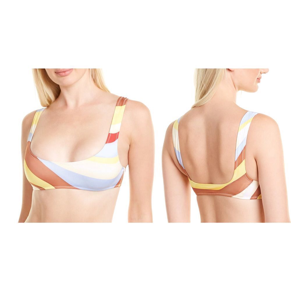 Solid‎ & Striped The Elle Bikini Top Wave Print Scoop Neck Blue White Yellow XL